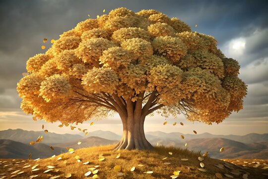Fantasy Money Tree with Gold Coins or Leaves Falling on a Hill - Powered by Adobe
