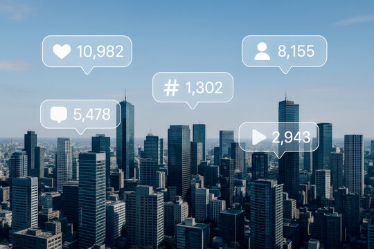 Futuristic Cityscape Skyline with Social MediAIcons Displaying Likes Comments Shares Followers and Views