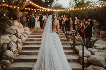 Beautiful Bride in Flowing Gown Walking Towards Outdoor Wedding Venue
