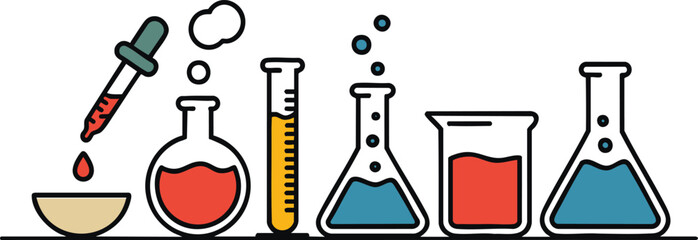 Laboratory Equipment Illustration Set Featuring Beakers, Test Tubes, and Droppers for Scientific Research and Chemistry-Themed Educational Materials