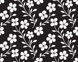 Floral Pattern Background with White Flowers and Branches on Black Backdrop for Textile Design, Wallpaper, and Wrapping Paper - Seamless Vector Illustration