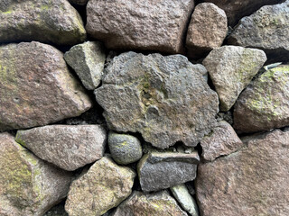 Natural grey brown stone wall with rough and grunge texture. Rough cut cobbles and gravel for outdoor wall finishes. Seamless background texture.