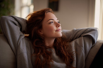 Teen girl relaxing on neutral sofa gazing calmly toward window