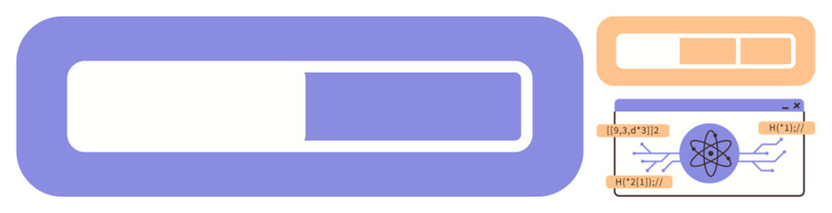 Animated progress bar, atomic icon, and circuit-style lines symbolizing tech concepts. Ideal for technology, data science, artificial intelligence, programming, education, innovation simple landing