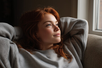 Teen girl relaxing on neutral sofa gazing calmly toward window
