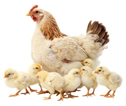 Yellow chicks huddle near a white hen and eggs on a farm