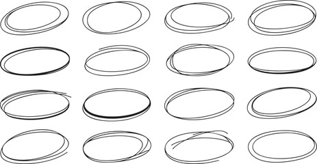 Hand Drawn Oval Highlight Marker Collection: Emphasize Key Points with Doodle Circles for Text, Notes, and Design Elements on a Clean Black Background Canvas