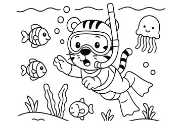 Tiger diving undersea with goggles and flippers, surrounded by happy fish, jellyfish, bubbles, and sea plants. A fun and adventurous marine coloring page for kids