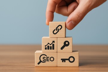 Hand placing wooden block with link icon atop pyramid of blocks showing SEO keyword graph key icons on light wood surface