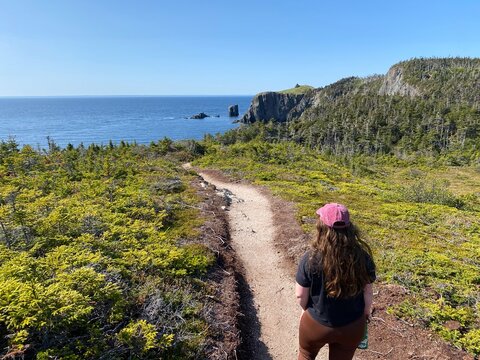 Hiker on the Skerwink Trail in Newfoundland, walking along a coastal path with cliffs, ocean views, and lush greenery under a clear blue sky.