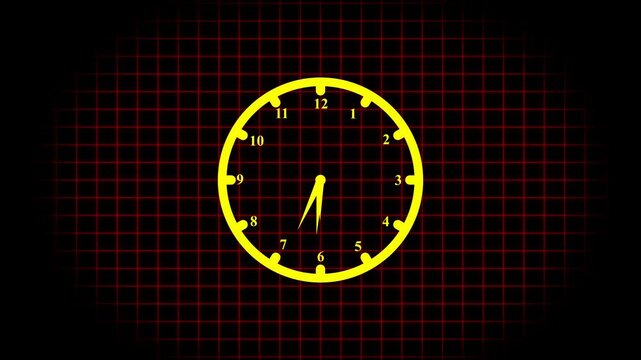 Glowing yellow Clock Over Futuristic Digital Grid. Yellow  Clock on Cyber Grid &ndash; Glowing Time Motion.