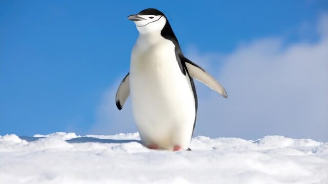 penguins walking in the snow with sky background