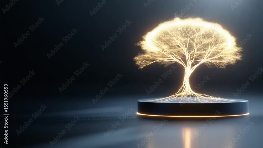 Poster glowing tree of life: a luminous tree, radiating ethereal light, stands majestically on a dark circu