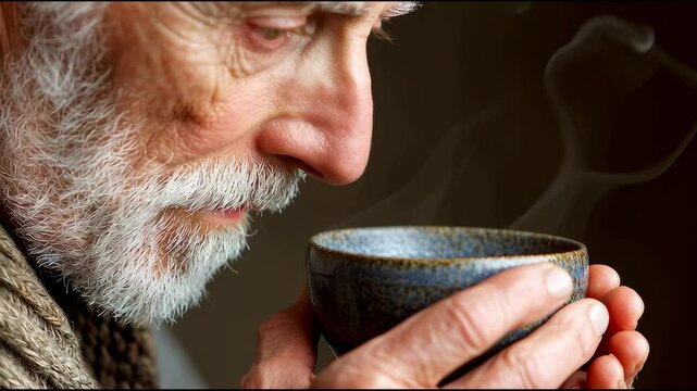 An elderly man with a white beard enjoys the aroma of a steaming drink from a ceramic cup close to his face.