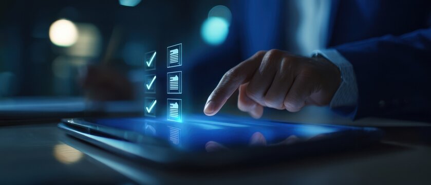 The professional interacts with a digital checklist on a modern tablet device.