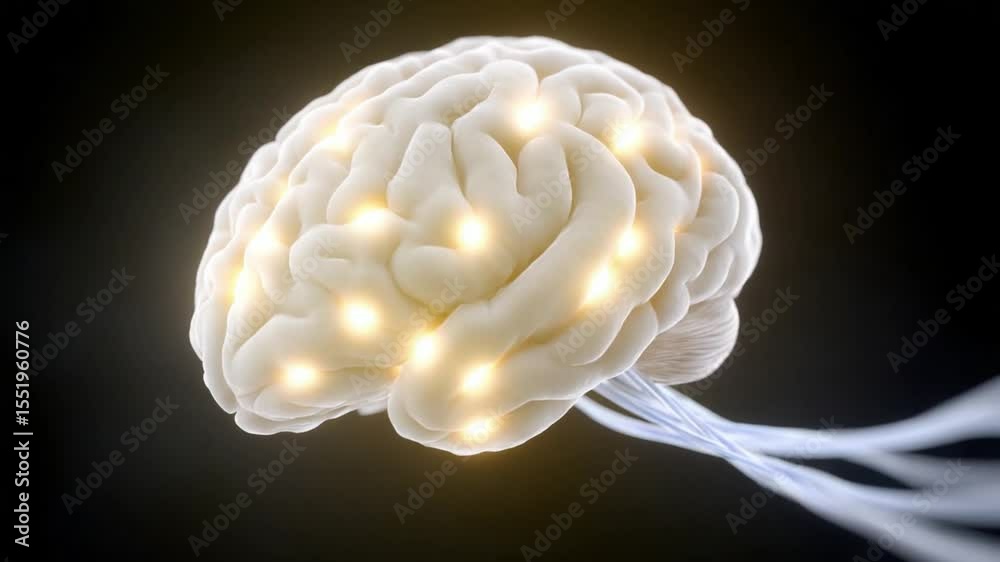 Poster Brain with Glowing Nodes: A close-up view of a 3D rendered brain model, showcasing illuminated nodes highlighting activity and the complexity of thought. 