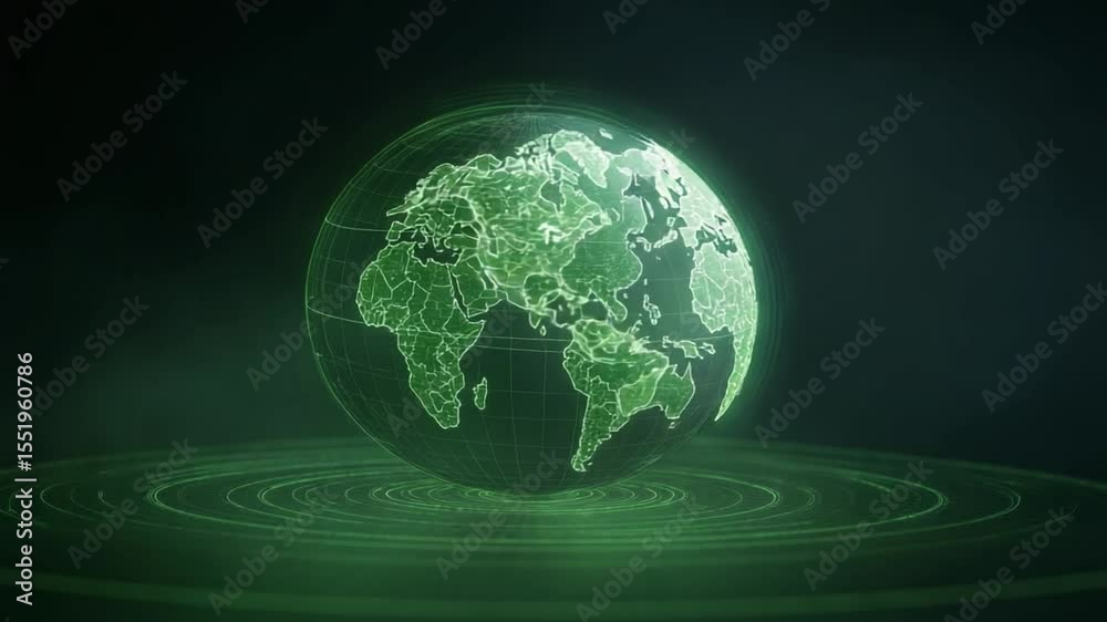 Poster Global Communication and Connectivity: A futuristic and conceptual digital image showcasing a glowing holographic representation of earth, floating against a dark background.