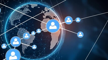 Global network illustration with earth globe, node connections, and user avatars - Powered by Adobe