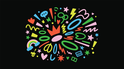Vibrant Doodle Elements on Black Background A Playful Vector Illustration Featuring Colorful Shapes, Stars, Hearts, and Lines for Creative Designs and Artistic Projects