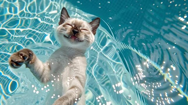 Siamese Cat Enjoying a Playful Swim in a Pool on a Sunny Day Generative AI - Powered by Adobe
