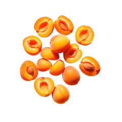 Fresh apricots halved and whole isolated on transparent background