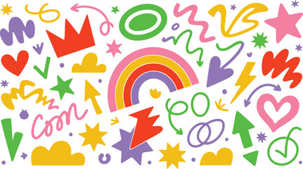 Colorful Doodle Elements on Black Backdrop A Whimsical Vector Illustration Featuring Rainbows, Hearts, Stars, and Abstract Shapes for Creative Designs and Artistic Projects