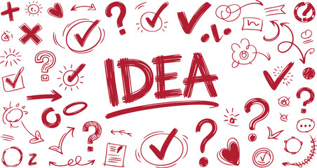 Idea Concept Vector Illustration with Check Marks, Question Marks, Arrows, and Scribbles on Black Background A Creative Visual Representation of Innovation