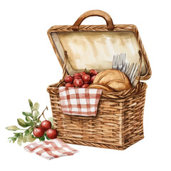 Picnic Basket, watercolor illustration vector, isolated on a white background.
