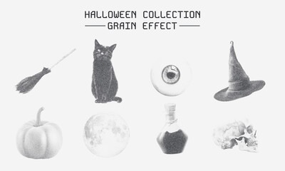 Spooky Halloween noisy photocopy elements including cat, broom, skull, and more in a monochrome grain texture style. Great for seasonal designs and print projects