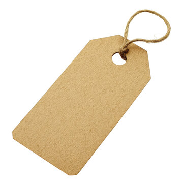 Tan paper tag with string attached for product labeling on transparent background