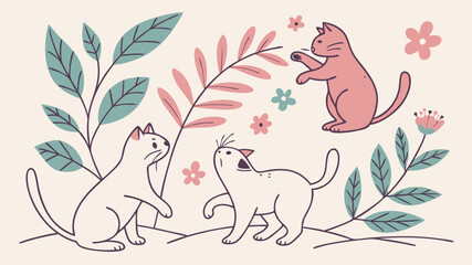 Three playful cats interacting among stylized plants and flowers in a whimsical illustration