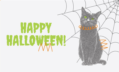 Happy Halloween Greeting with Black Cat in grainy effect
