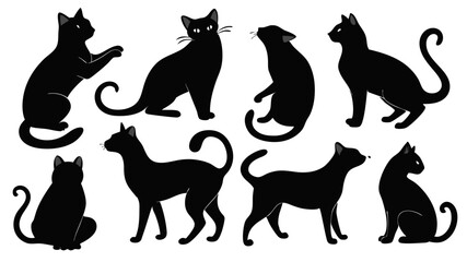 Collection of black cat silhouettes in various playful poses