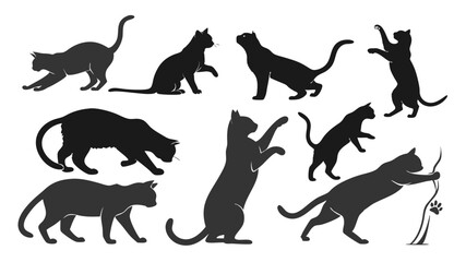 Diverse silhouettes of cats in various playful and resting poses