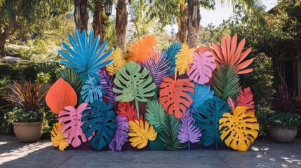 Vibrant, colorful paper foliage wall art display, outdoors, against a backdrop of trees and potted plants