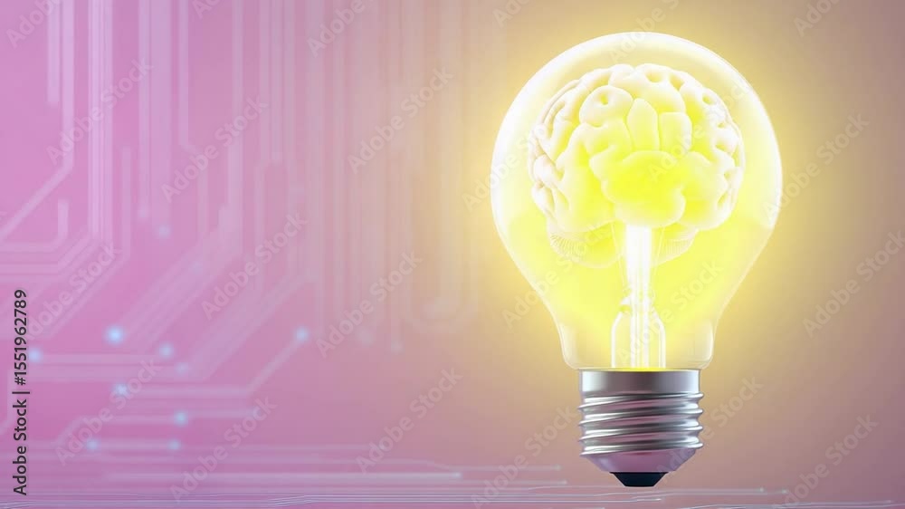 Poster illuminating intellect: light bulb radiates with a bright, stylized brain, symbolizing ideas and inn