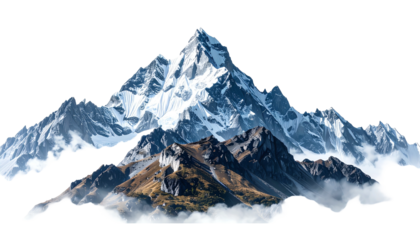 Majestic Snow Capped Mountain Peaks Surrounded by Wispy Clouds and Autumn Foliage Below