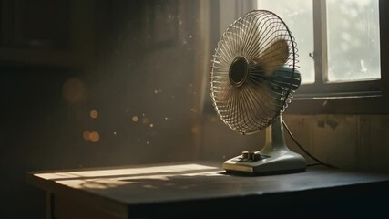 Vintage table fan operating in sunlit room with dust particles  