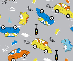 illustration cute dinosaur vector pattern that driving pretty cars seamless background for kids 