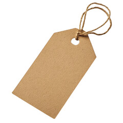 Brown paper tag with string attached for labeling goods on transparent background