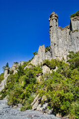 The Putangirua Pinnacles, eroded gravel spires, in Aorangi Forest Park, Greater Wellington, North Island, New Zealand
