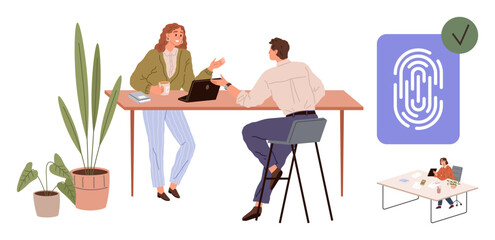 Two people conversing at a desk with a laptop, plants, and a biometric fingerprint authentication graphic. Ideal for teamwork, collaboration, technology, biometrics, security, office culture