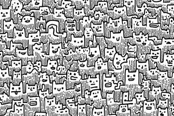 Obraz premium Seamless Doodle Pattern of Cute Cats and Monsters