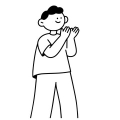 Black and white line art illustration of a happy person clapping hands