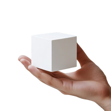 White cube held in hand isolated on transparent background