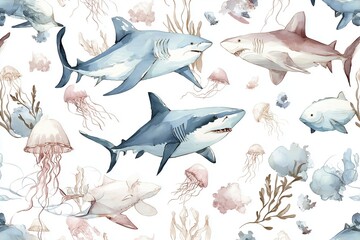 Muted Tone Underwater Shark and Jellyfish Pattern