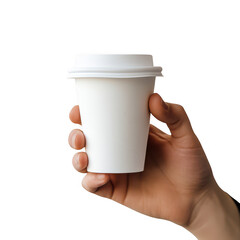Hand holding blank white coffee cup isolated on transparent background