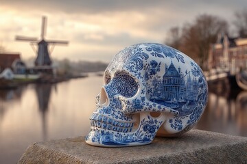 Traditional Dutch Delftware Skull with a Canal View