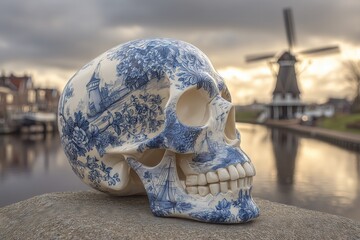Dutch Delft Blue Skull with Windmill and Canal Scene