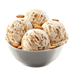 Fototapeta premium Almond Ice Cream Scoops In A Bowl, Isolated On White Background. Delicious Treat For Dessert.